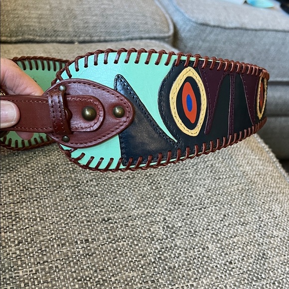 Colorful Patterned Leather Belt with whipstitching statement piece size small - Picture 5 of 8